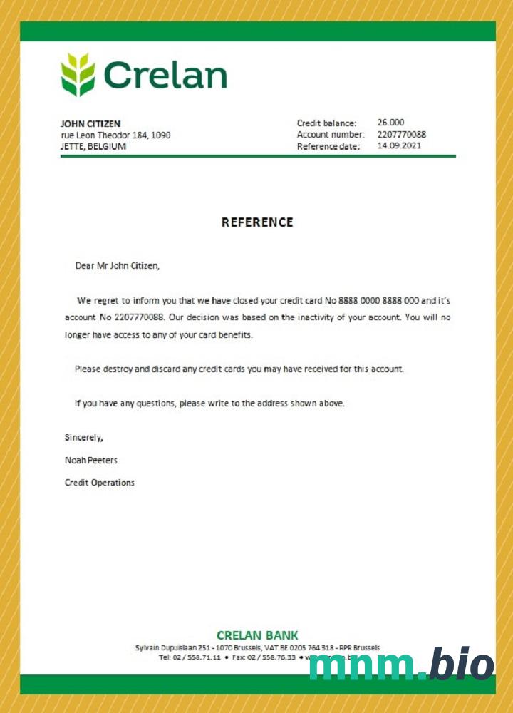 Belgia Crelan zamknięcie przykład odniesienia w formatach Word i PDF